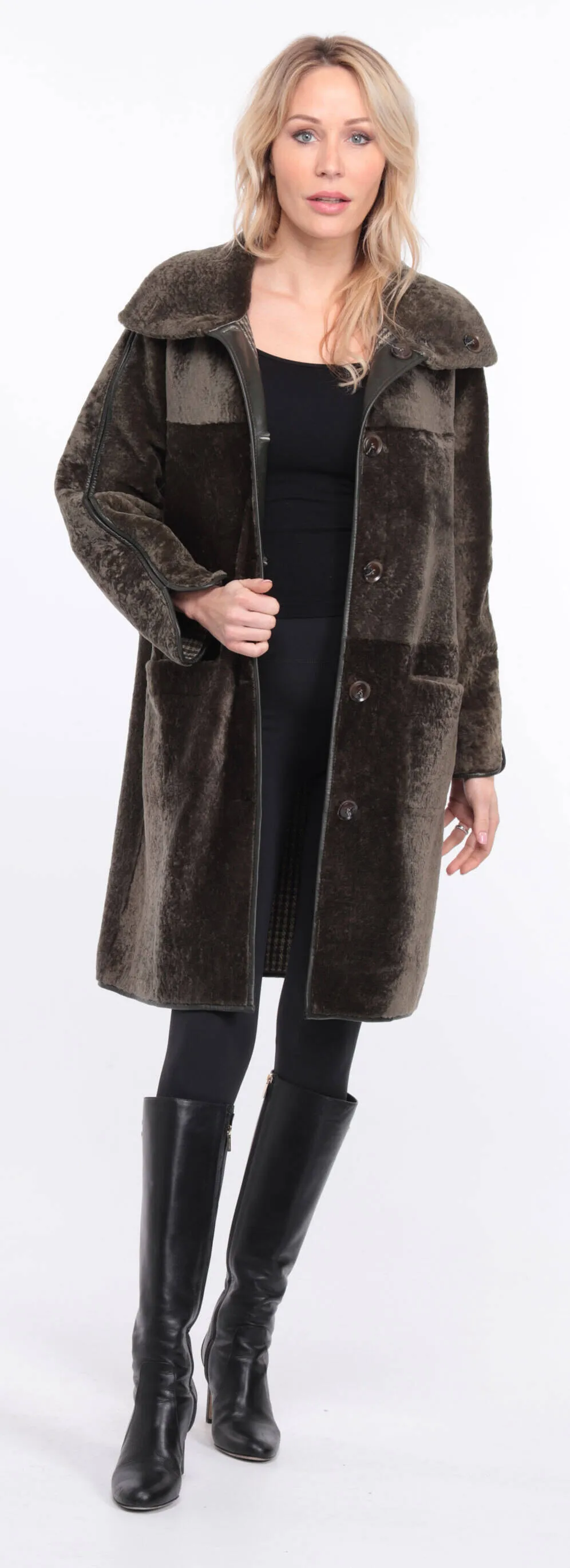 Women's reversible khaki gaby sheepskin coat