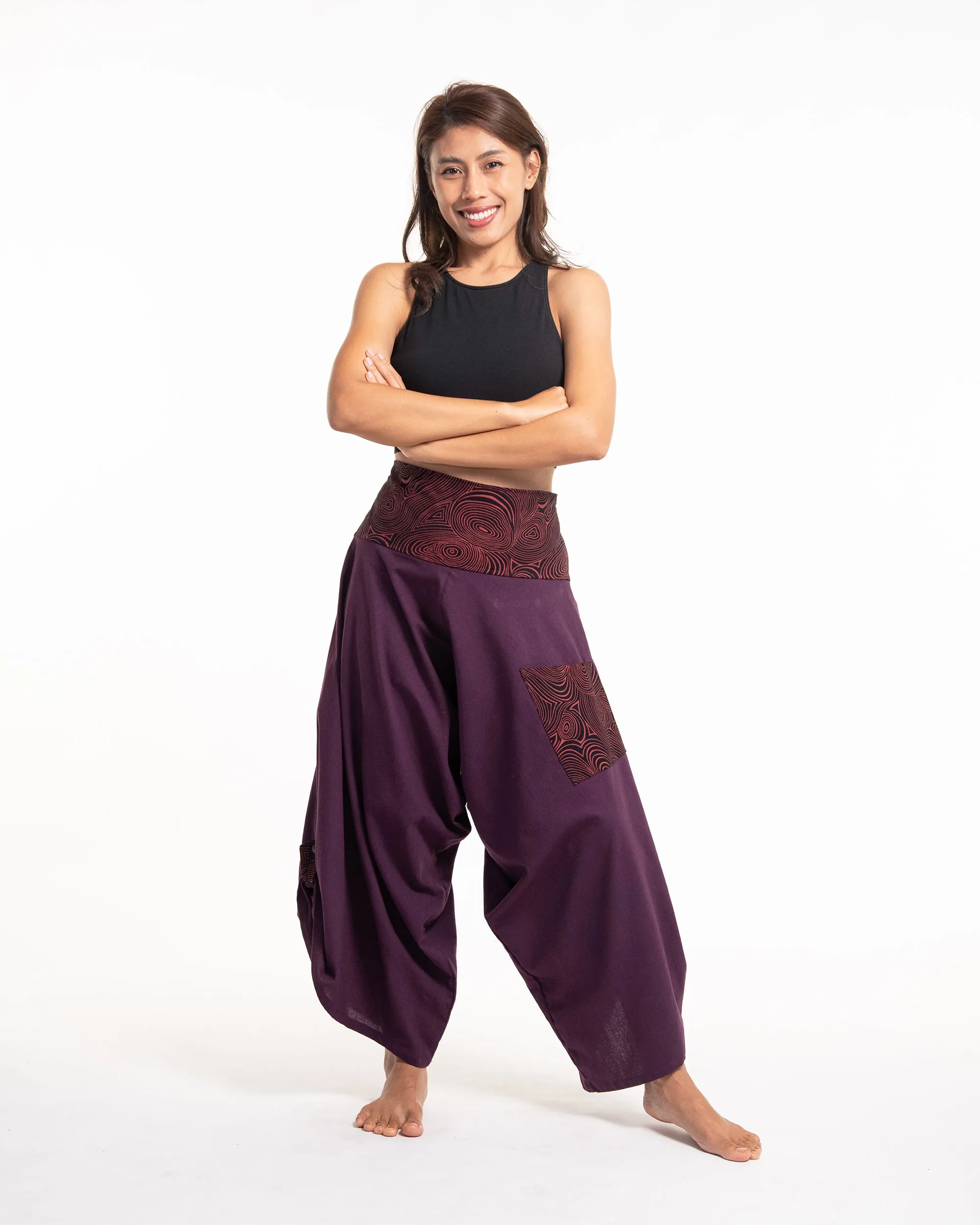 Women's Thai Button Up Cotton Pants with Hill Tribe Trim Purple