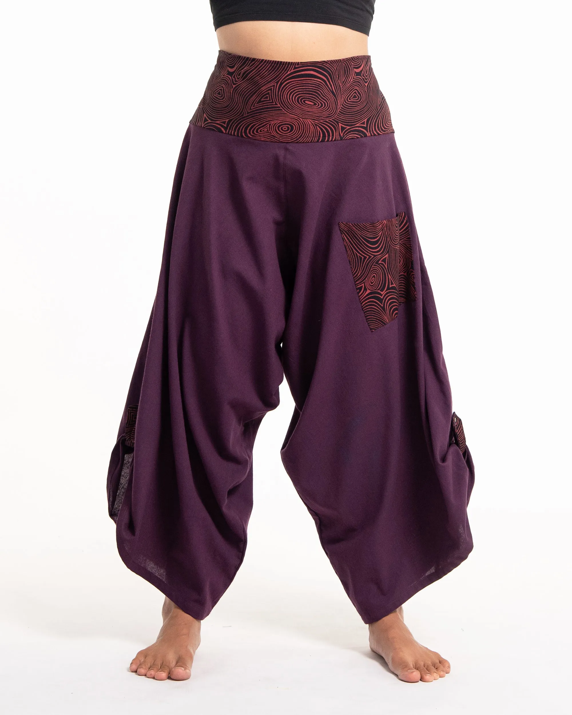 Women's Thai Button Up Cotton Pants with Hill Tribe Trim Purple