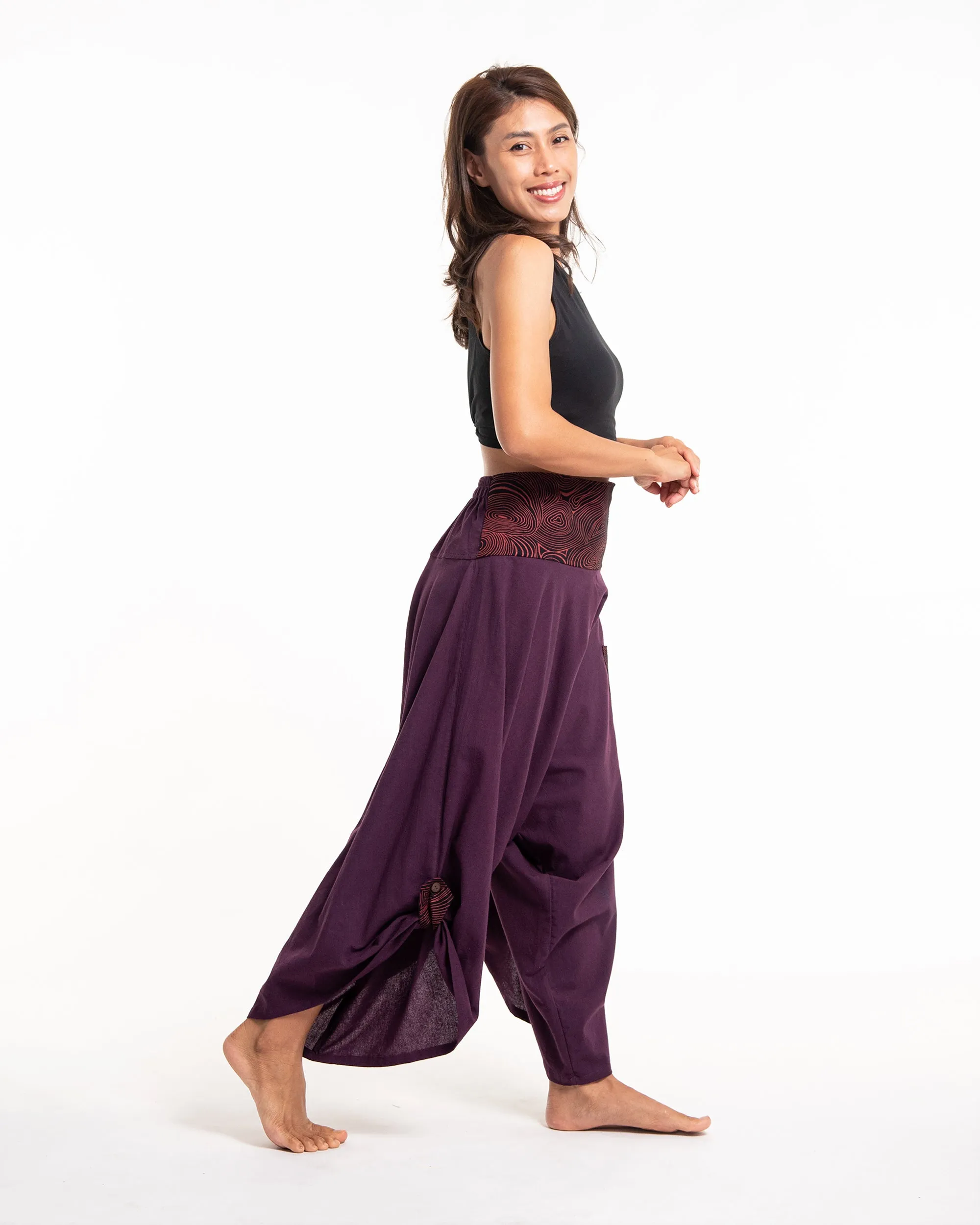 Women's Thai Button Up Cotton Pants with Hill Tribe Trim Purple